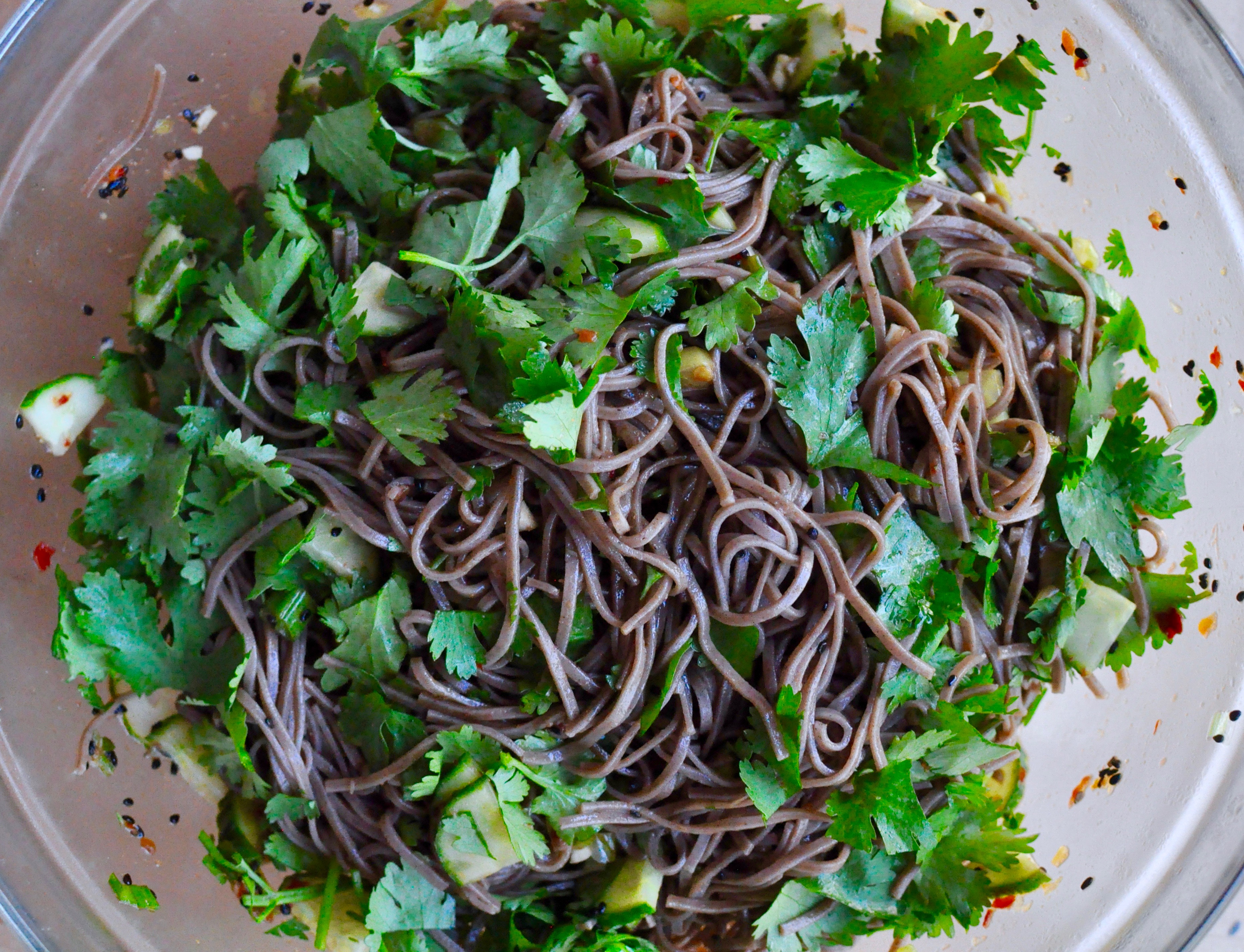 Salad bowl full of simple cold soba noodle salad with cilantro, cucumber, and chilies.