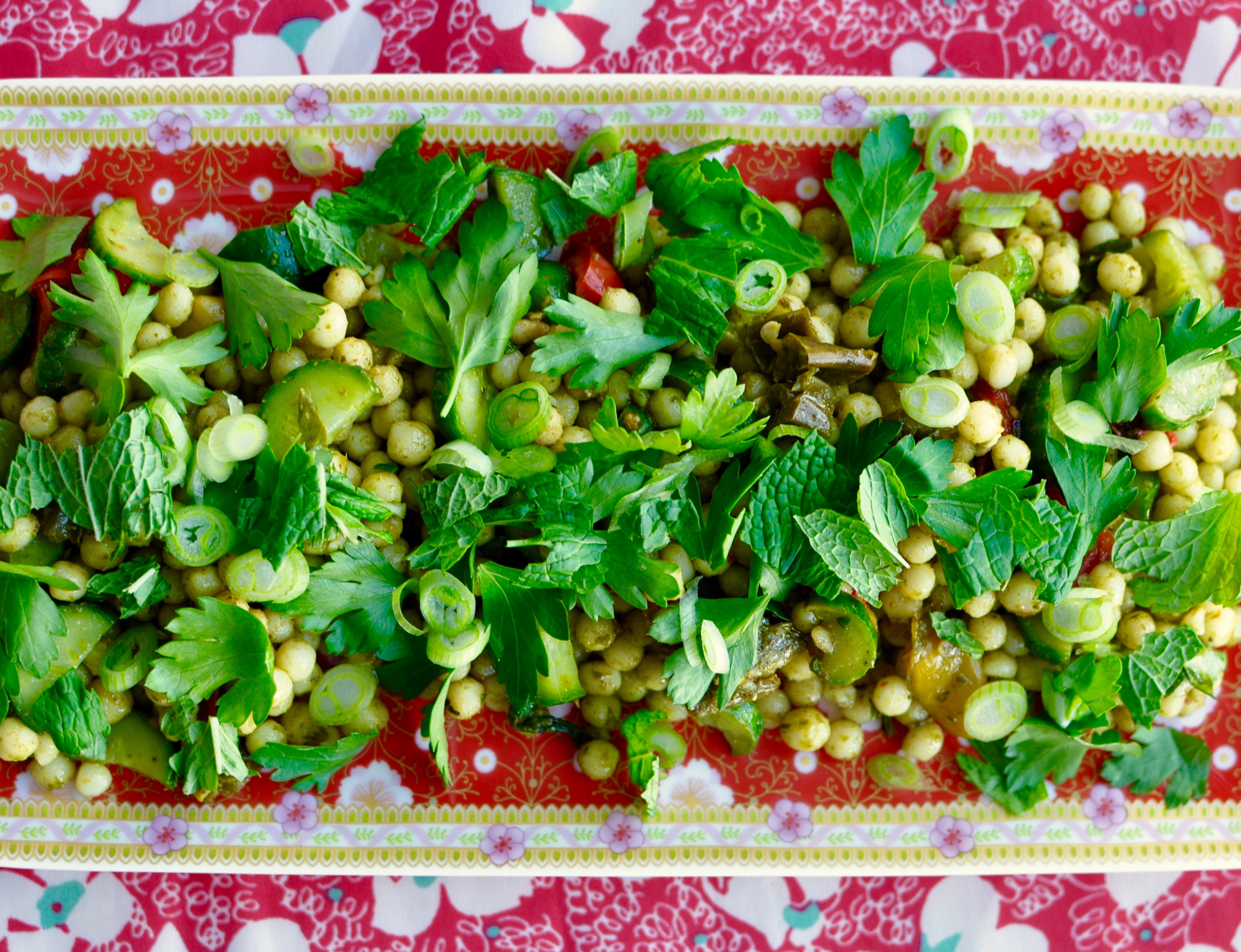 Israeli Couscous salad with creamy avocado herb dressing