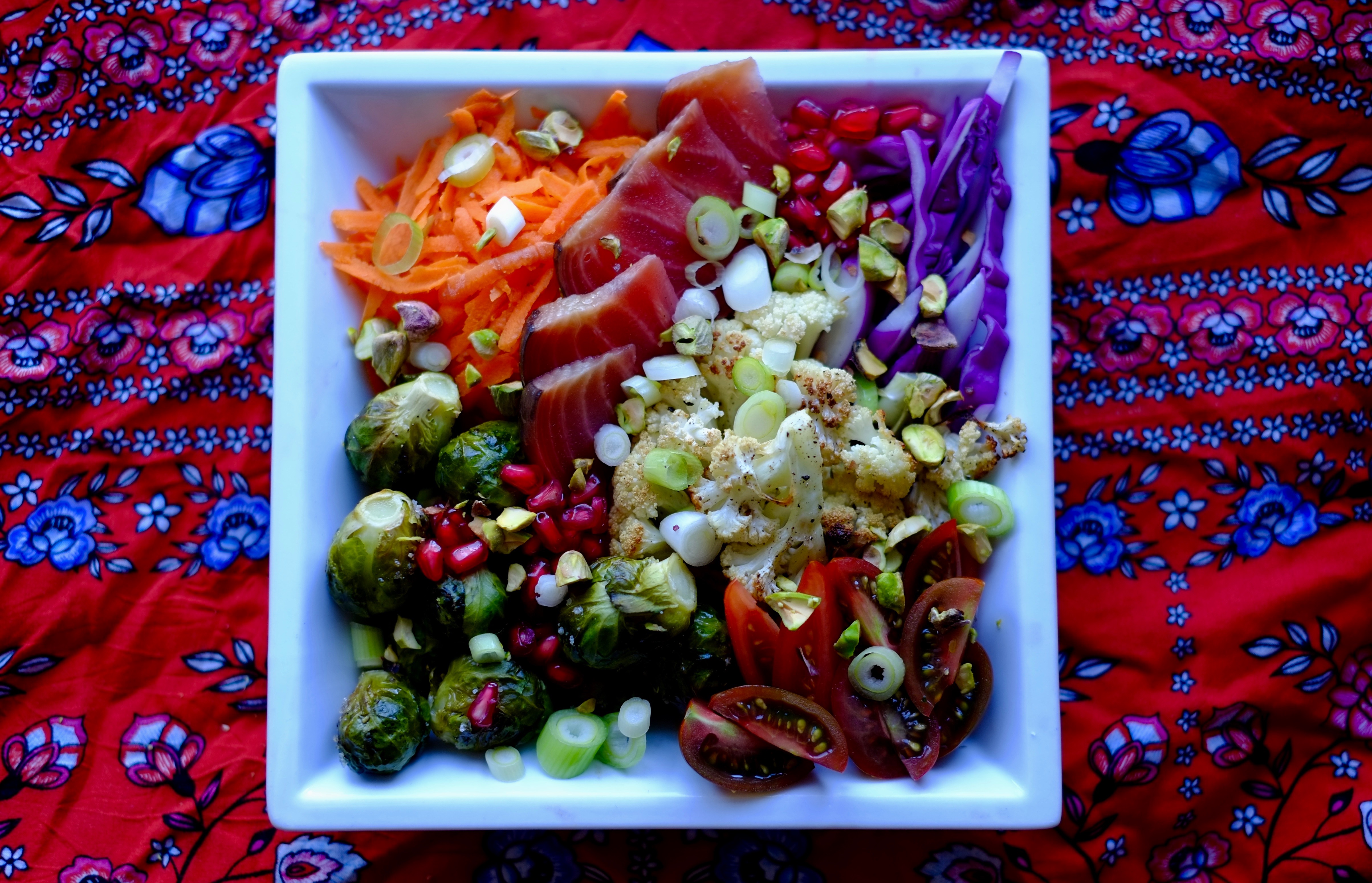 Harvest Salad Bowl with Roasted Vegetables, Pistachios, and a Creamy Lemon Basil Dressing