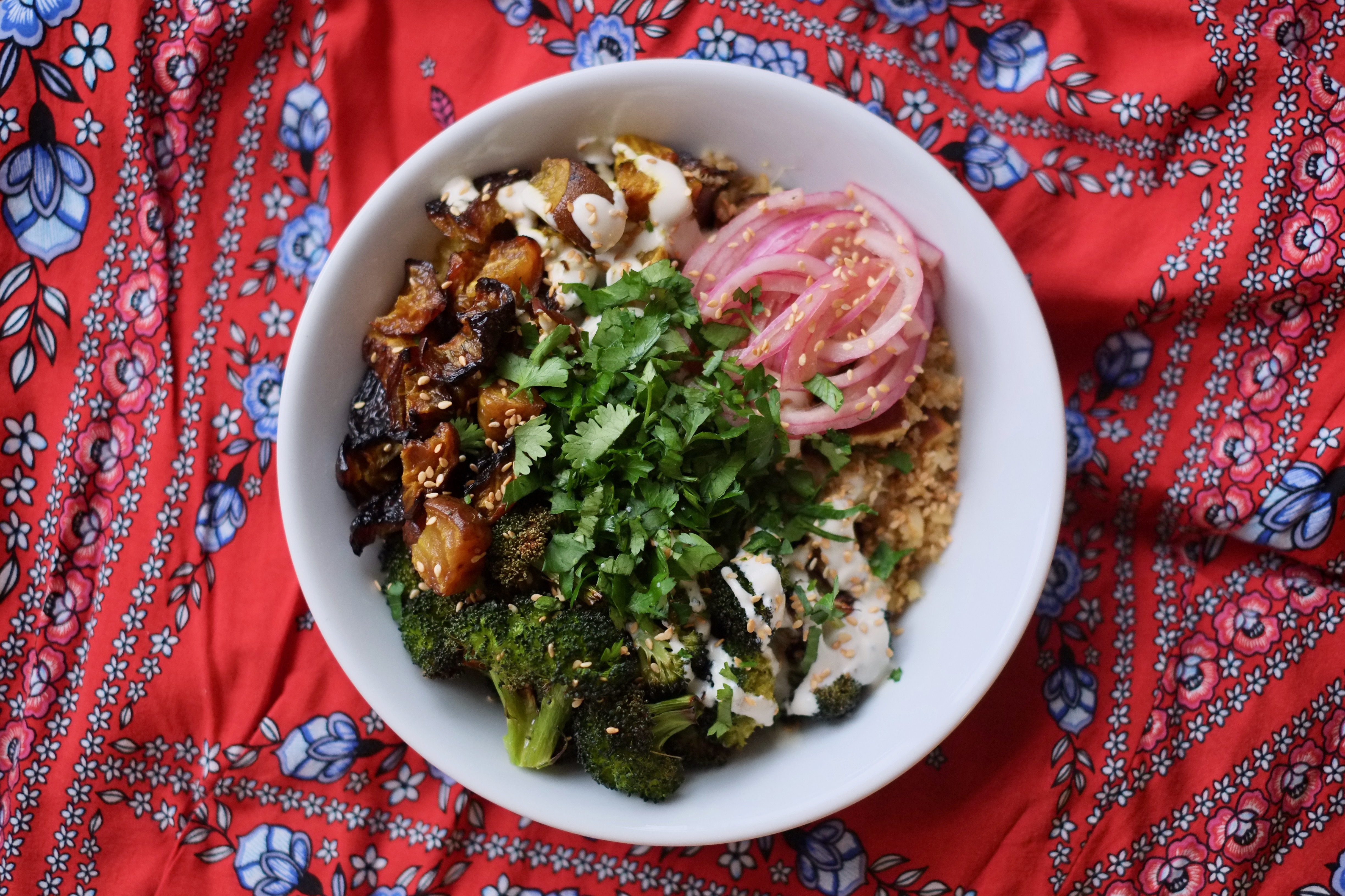 Ginger Garlic Grain Bowl with Roasted Golden Beets, Broccoli, and Baked Tofu