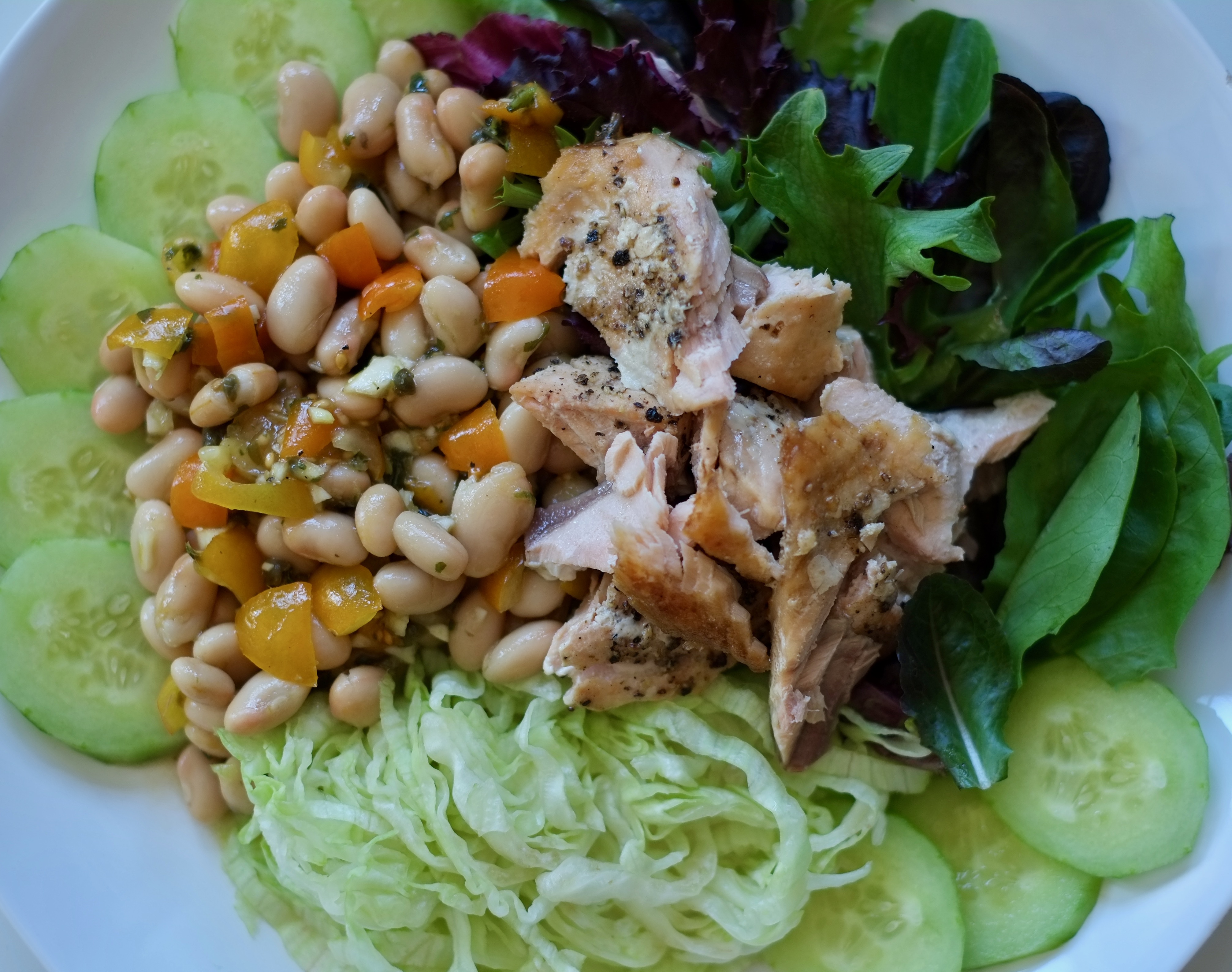 Thinly sliced cucumber, salad greens, chunks of salmon, and a dressed Great Northern Bean salad on a white plate and background.