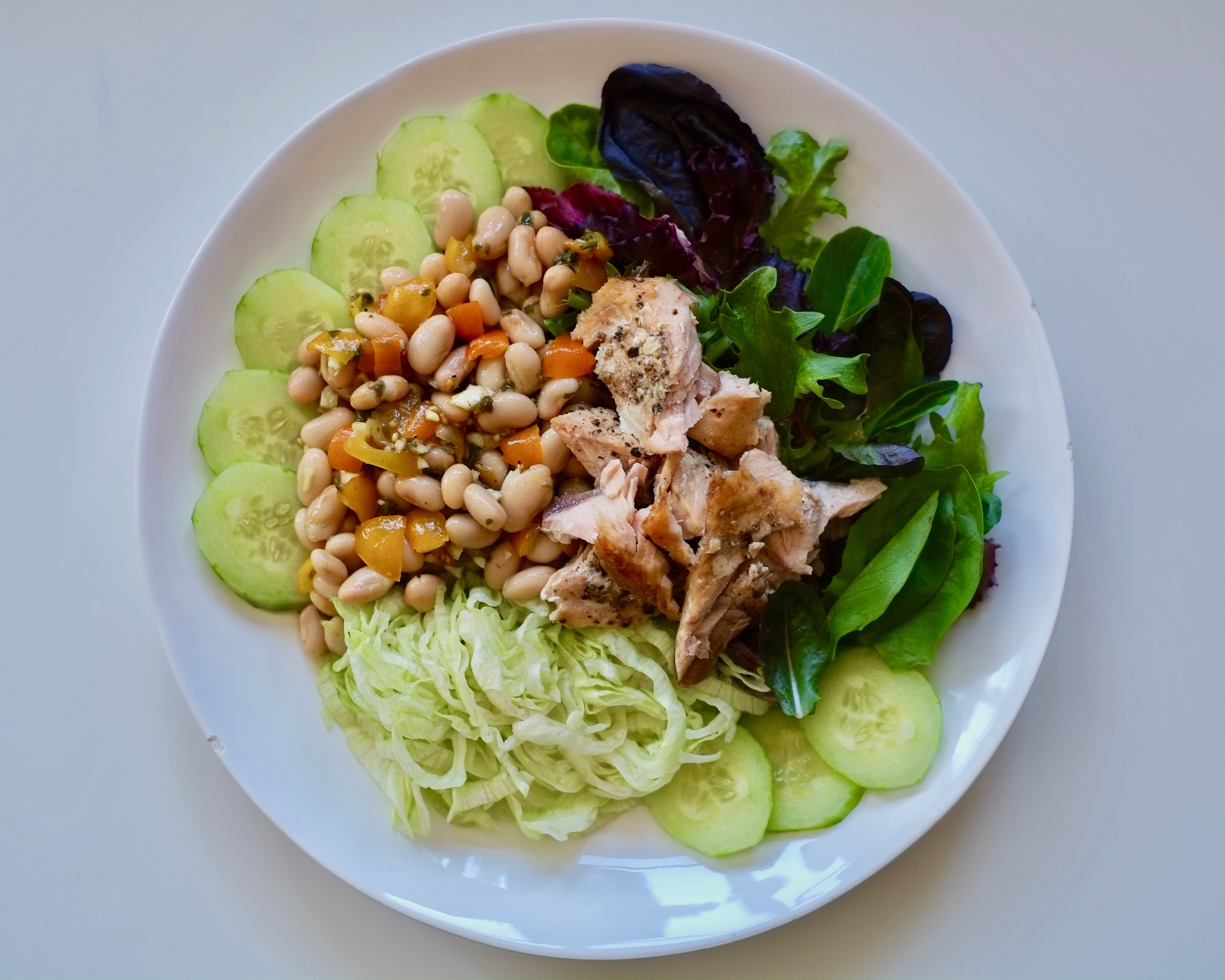 Thinly sliced cucumber, salad greens, chunks of salmon, and a dressed Great Northern Bean salad on a white plate and background.