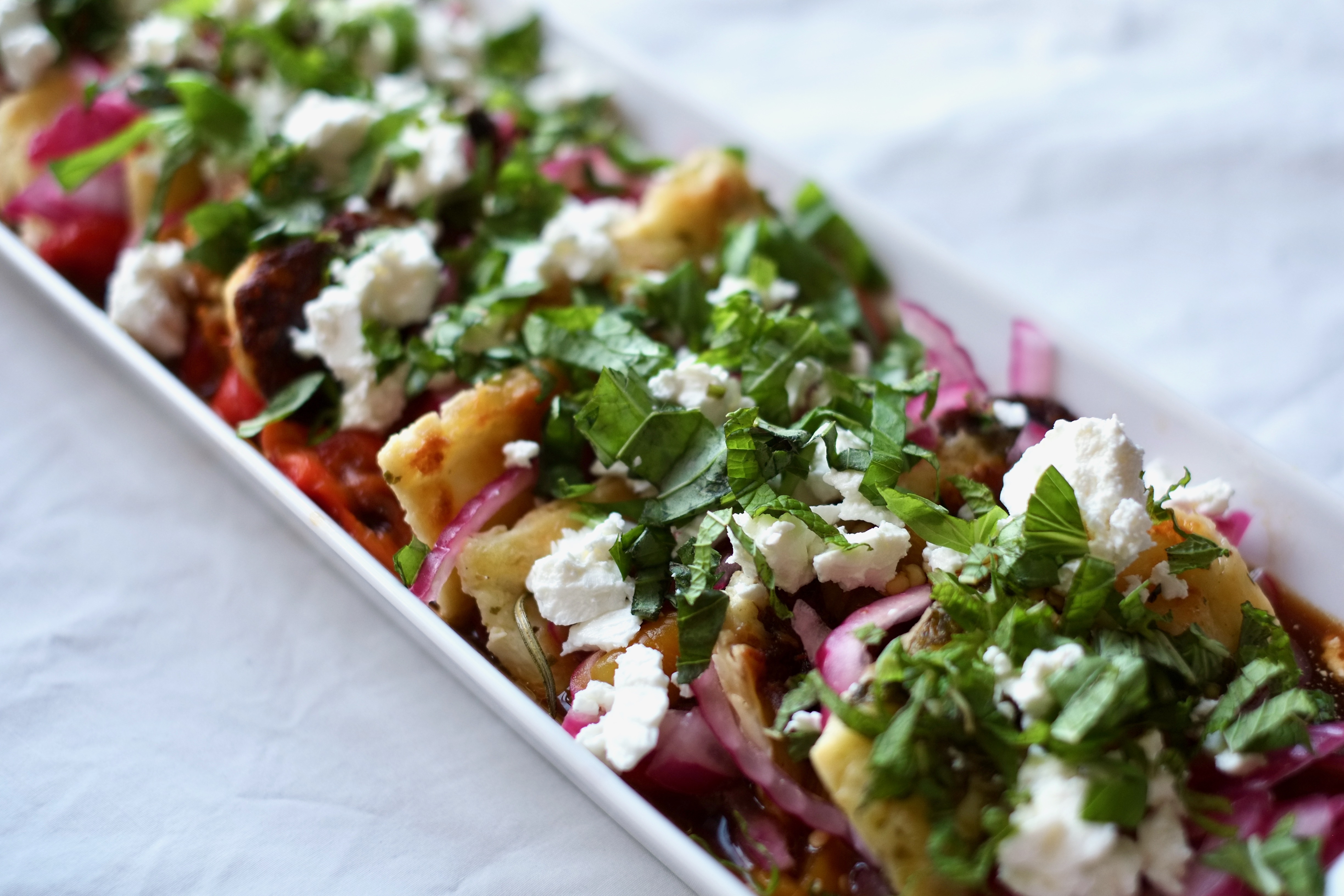 Halloumi Salad with Roasted Red and Jalapeño Peppers, Pickled Red Onions, and Mint
